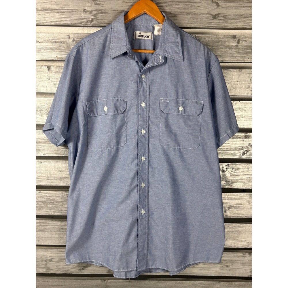Vintage Roebucks Mens XL Blue Chambray Short Sleeve Button Down Work Shirt